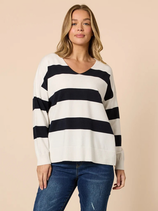 Threadz Crew V Neck Stripe Print Knit Top - Navy/Ivory