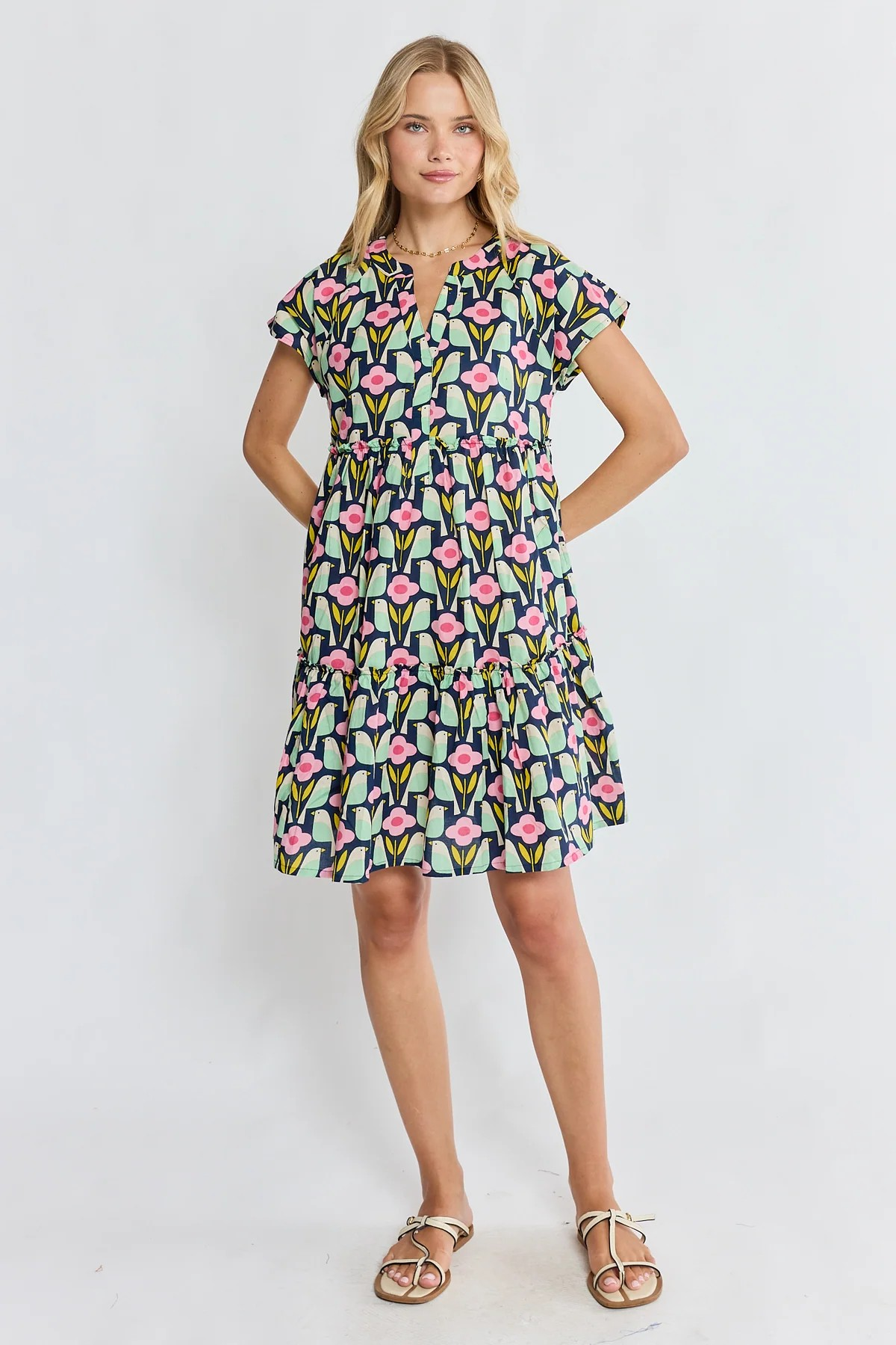 Ibisa Maya Navy Floral Print Cotton Babydoll Dress | Sterling Belle