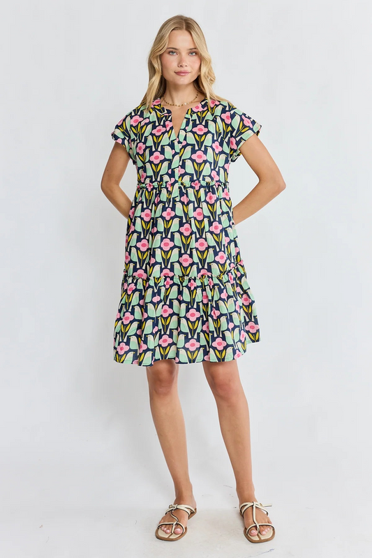 Ibisa Maya Navy Floral Print Cotton Babydoll Dress | Sterling Belle