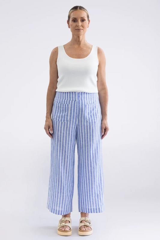 Two T's Amelia Stripe 7/8 Wide Leg Pant - Cornflower Blue/ White