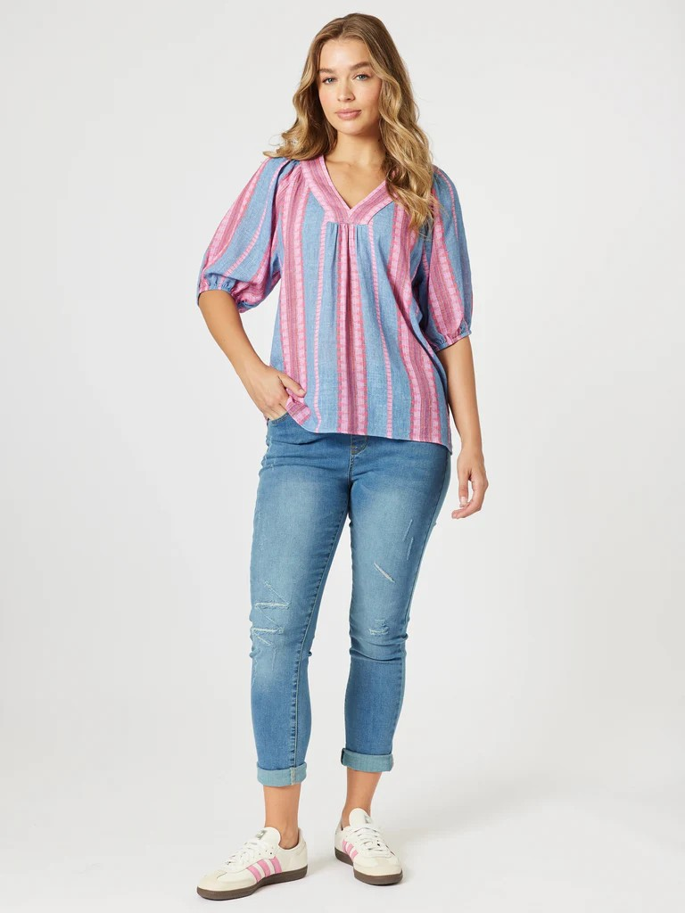 Threadz Bloom Stripe Top Indigo Pink