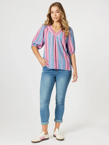 Threadz Bloom Stripe Top Indigo Pink