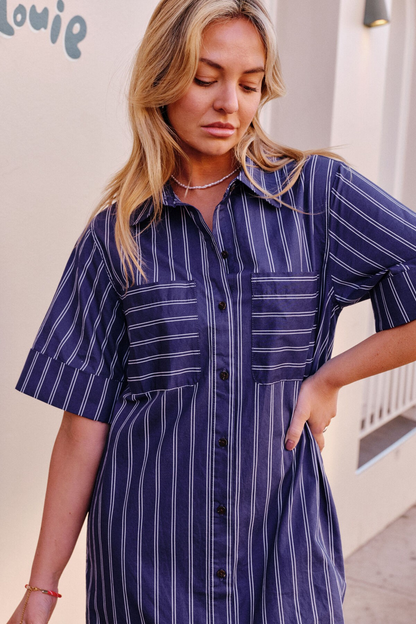 Ceres Life Samara Midi Shirt Dress - Prussian Blue Stripe