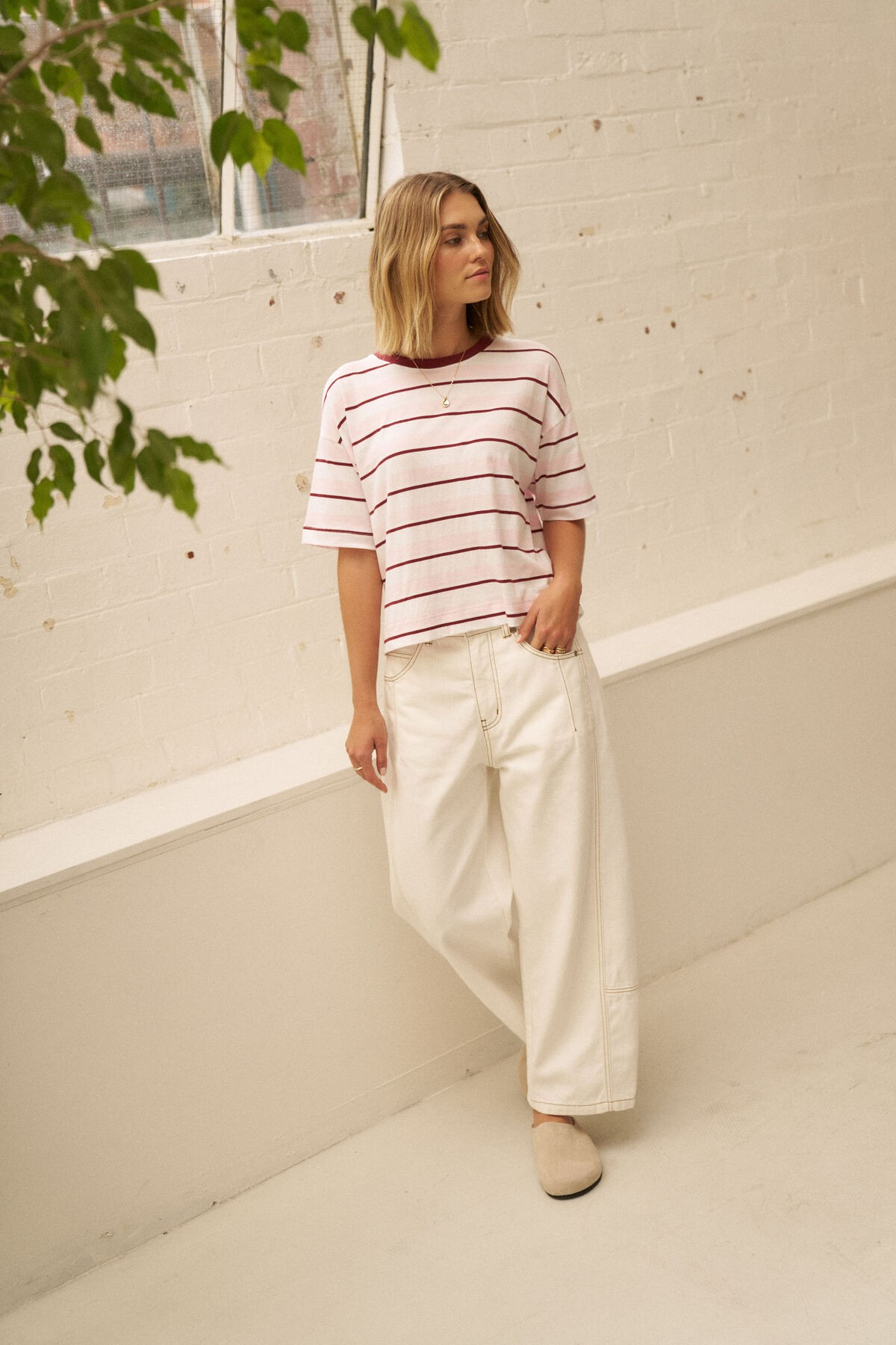 Ceres Life Brea Boxy Tee - Sunfaded Pink/Mulberry Stripe