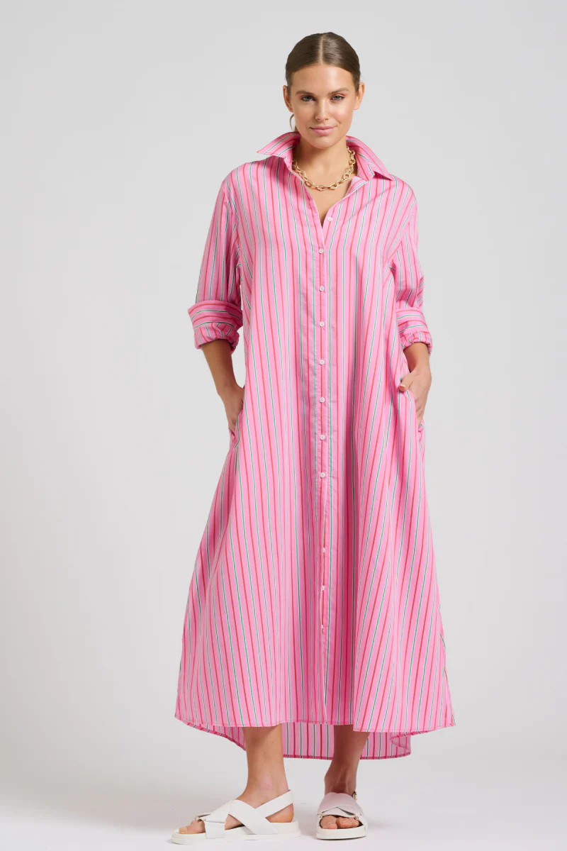 Shirty The Luna Oversized Linen Long Shirtdress Chambray Pink Combo Stripe