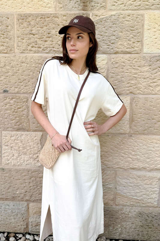 Ceres Life Charlotte Midi Terry Dress - Winter White Side Stripe