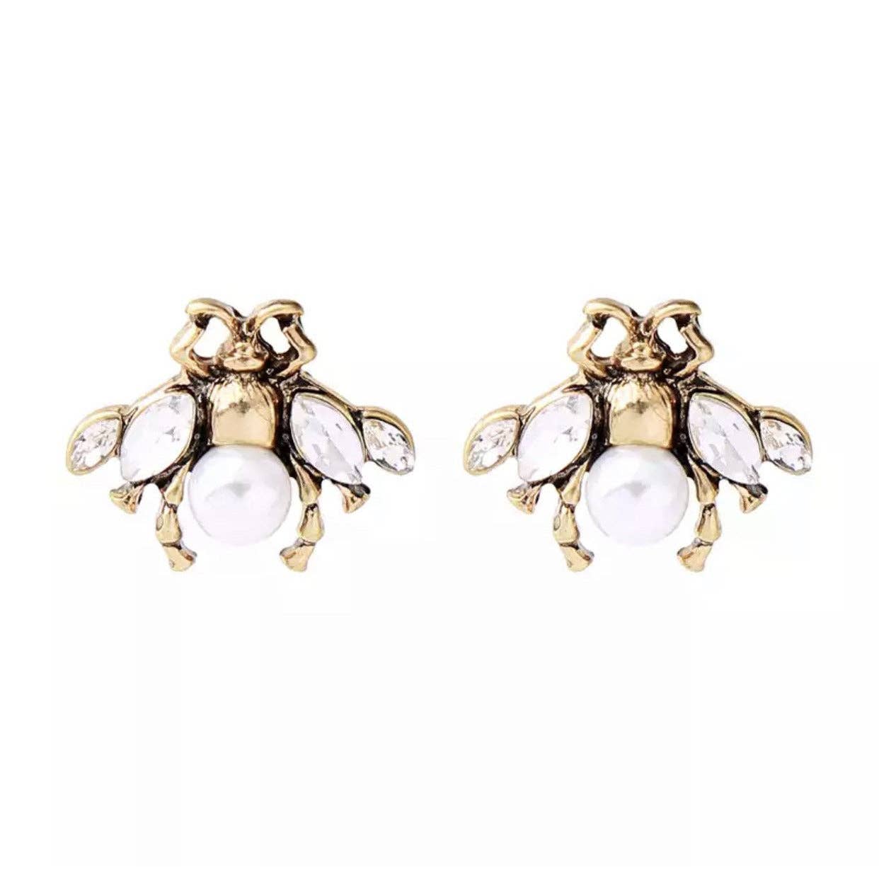 Greenwood Designs Bea Bee Shaped Stud Earring in Gold with Faux Pearls and Crystals