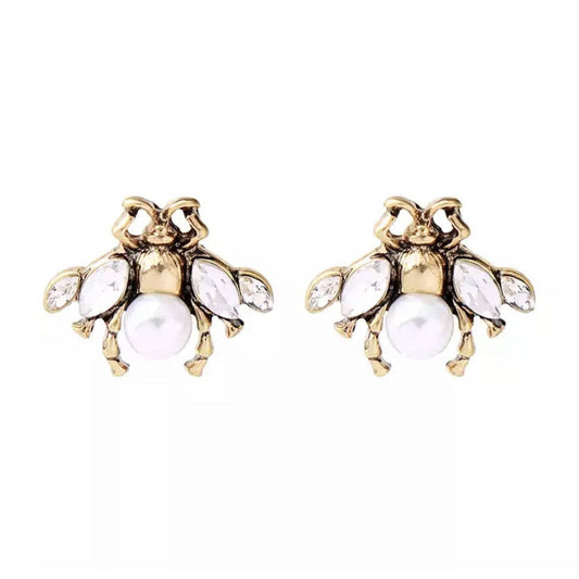 Greenwood Designs Bea Bee Shaped Stud Earring in Gold with Faux Pearls and Crystals