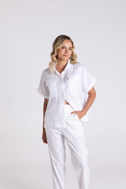 Two T's Dropped Shoulder Oversized Linen Shirt WHITE