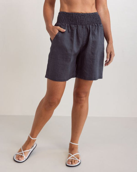 See Saw 100% Linen Shirred Waist Short Navy