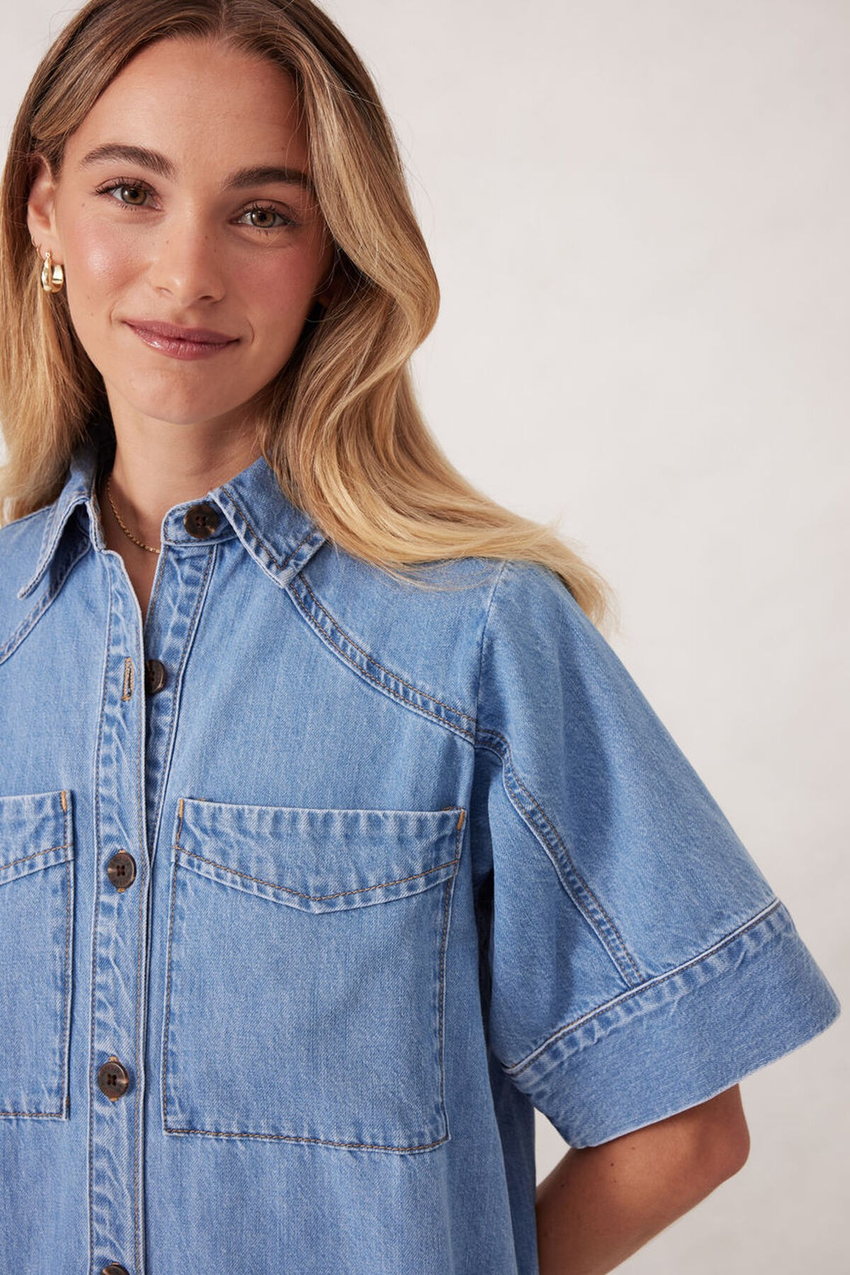Ceres Life Short Sleeve Yoke Detail Midi Dress Vintage Blue