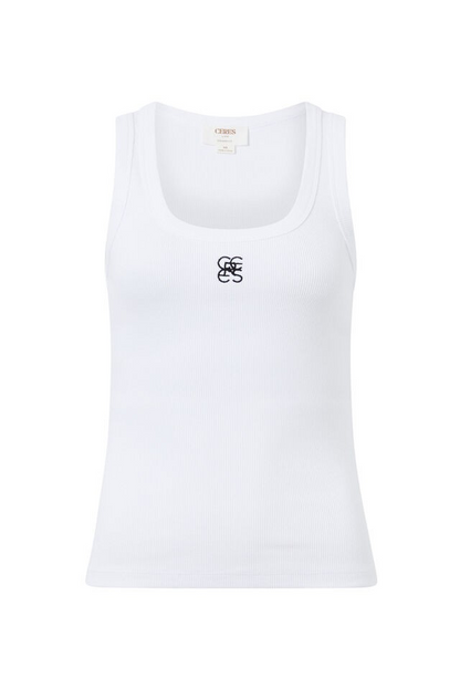 Ceres Life Contour Rib Scoop Tank White/Black Monogram Embroidery