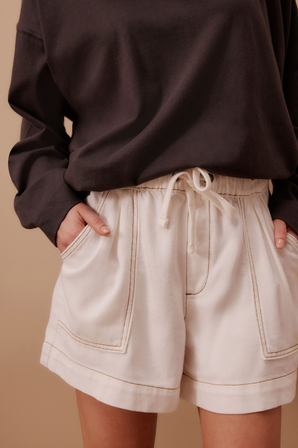 Ceres Life Darcy Relaxed Everyday Shorts - Ecru Twill