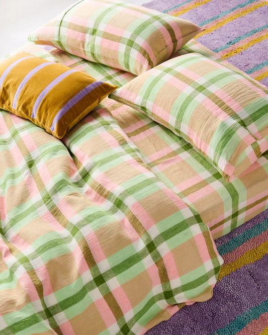 Kip and Co Pistachio Tartan Linen Pillowcases Standard Set