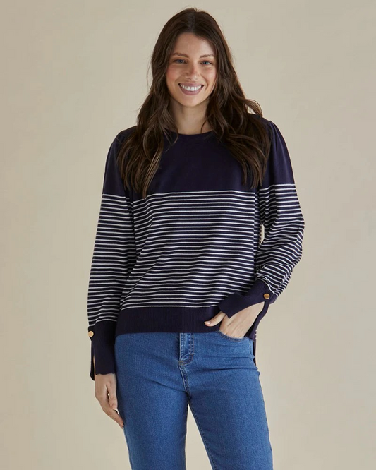 Betty Basics Collette Sweater Dark Blue and Cream Stripe