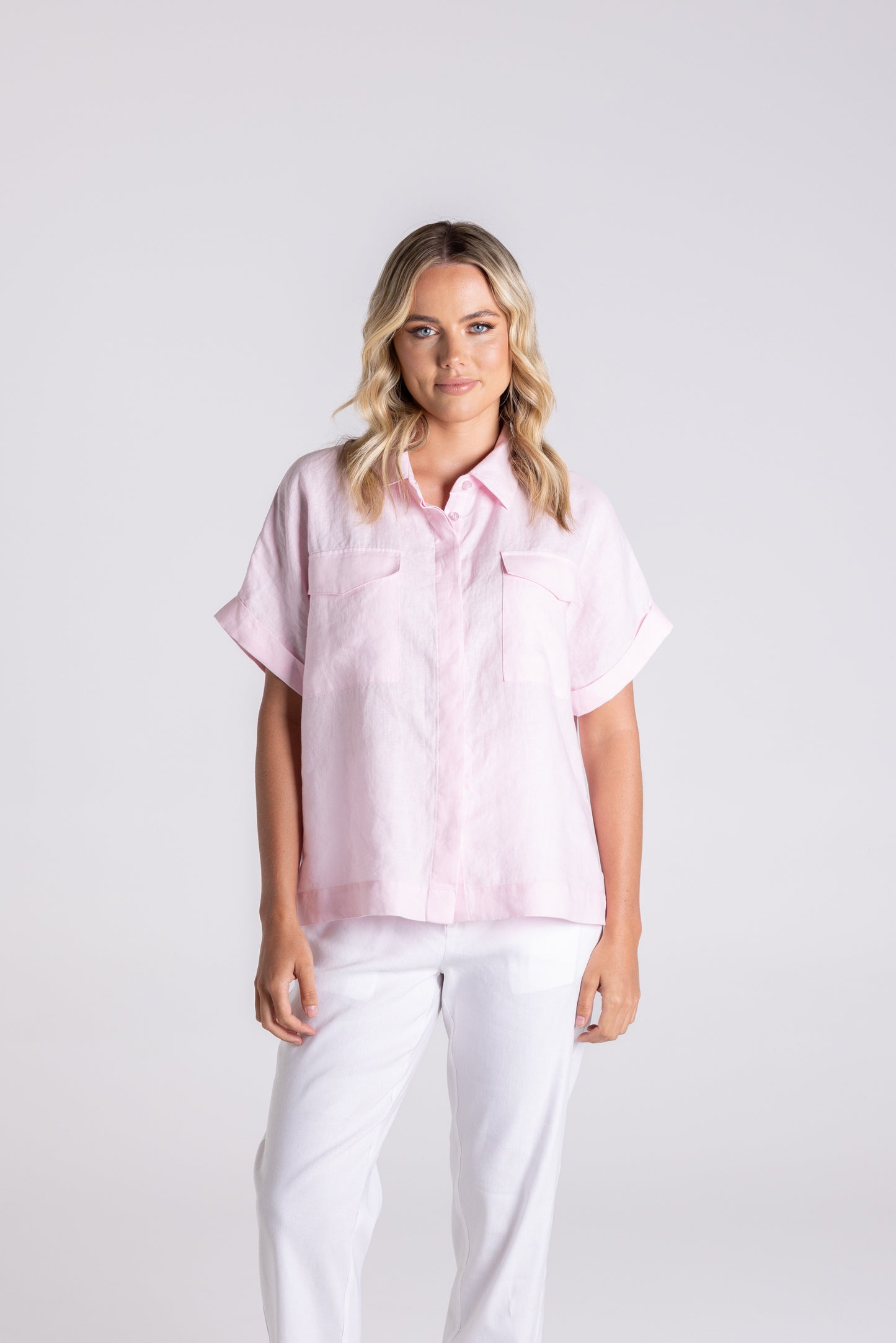 Two T's Dropped Shoulder Over Sized Linen Shirt Pink