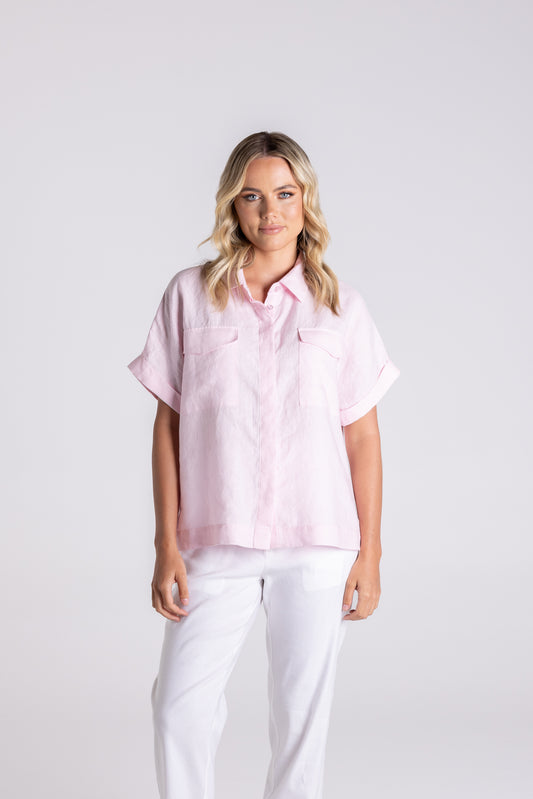 Two T's Dropped Shoulder Over Sized Linen Shirt Pink