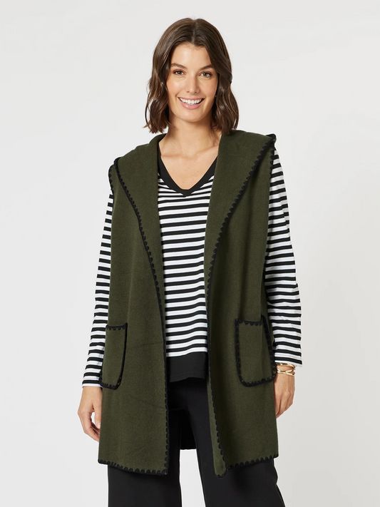 Threadz Cosy Contrast Detail Hooded Vest - Khaki