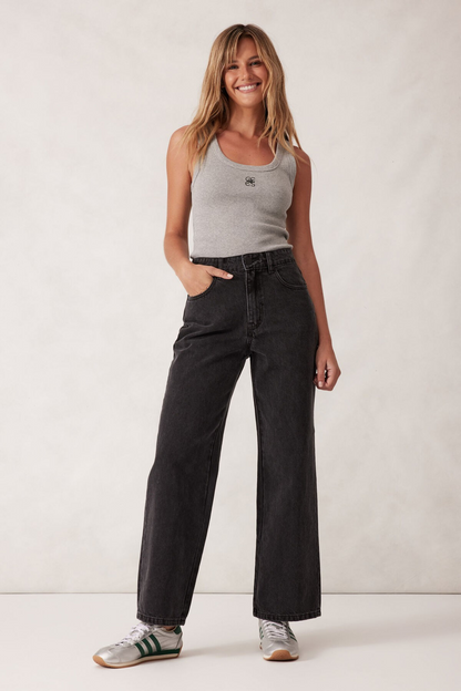 Ceres Life Zoe Contour Rib Scoop Tank Grey Marle/Black Embroidery