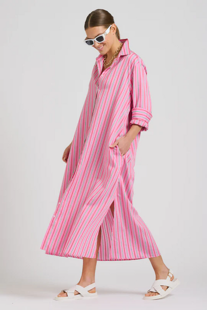 Shirty The Luna Oversized Linen Long Shirtdress Chambray Pink Combo Stripe