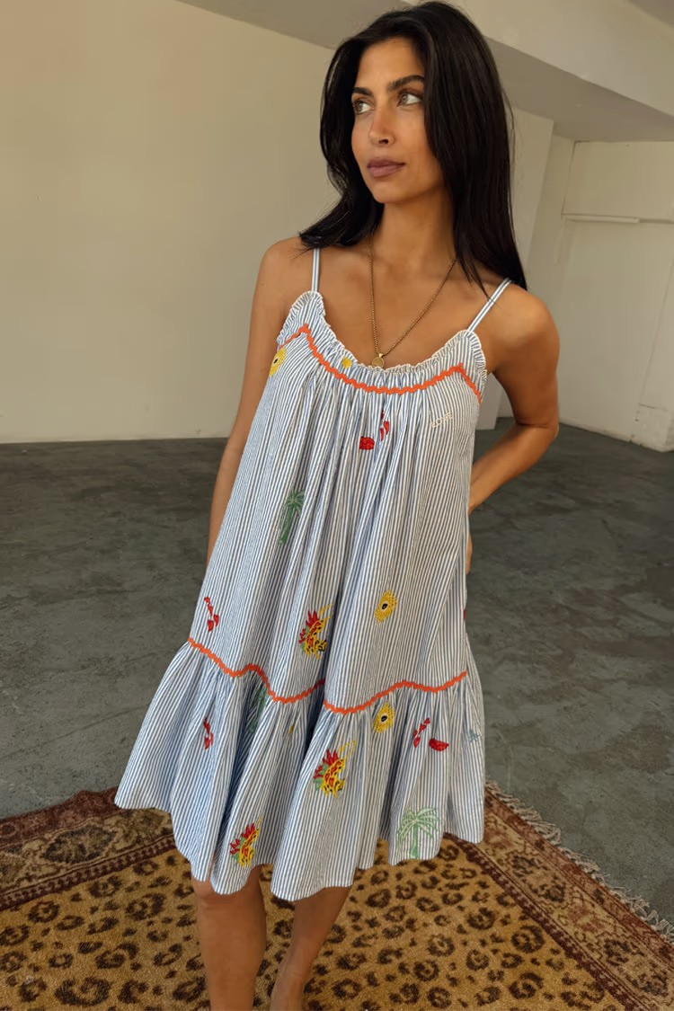 Never Fully Dressed Blue Embroidered Stripe Slip Dress