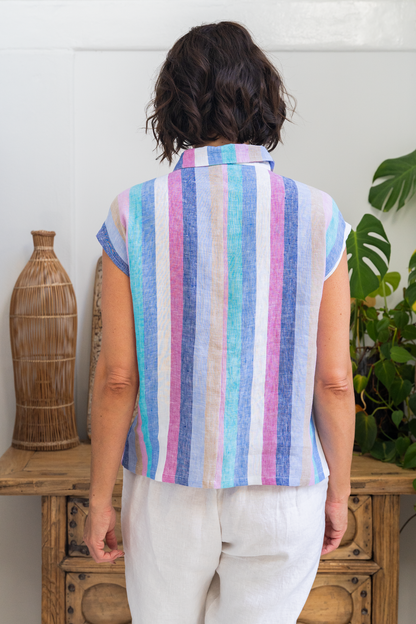 See Saw 100% Linen Multi-stipe Denim and Pink Shirt