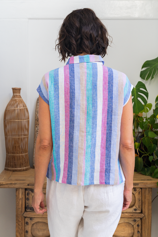 See Saw 100% Linen Multi-stipe Denim and Pink Shirt