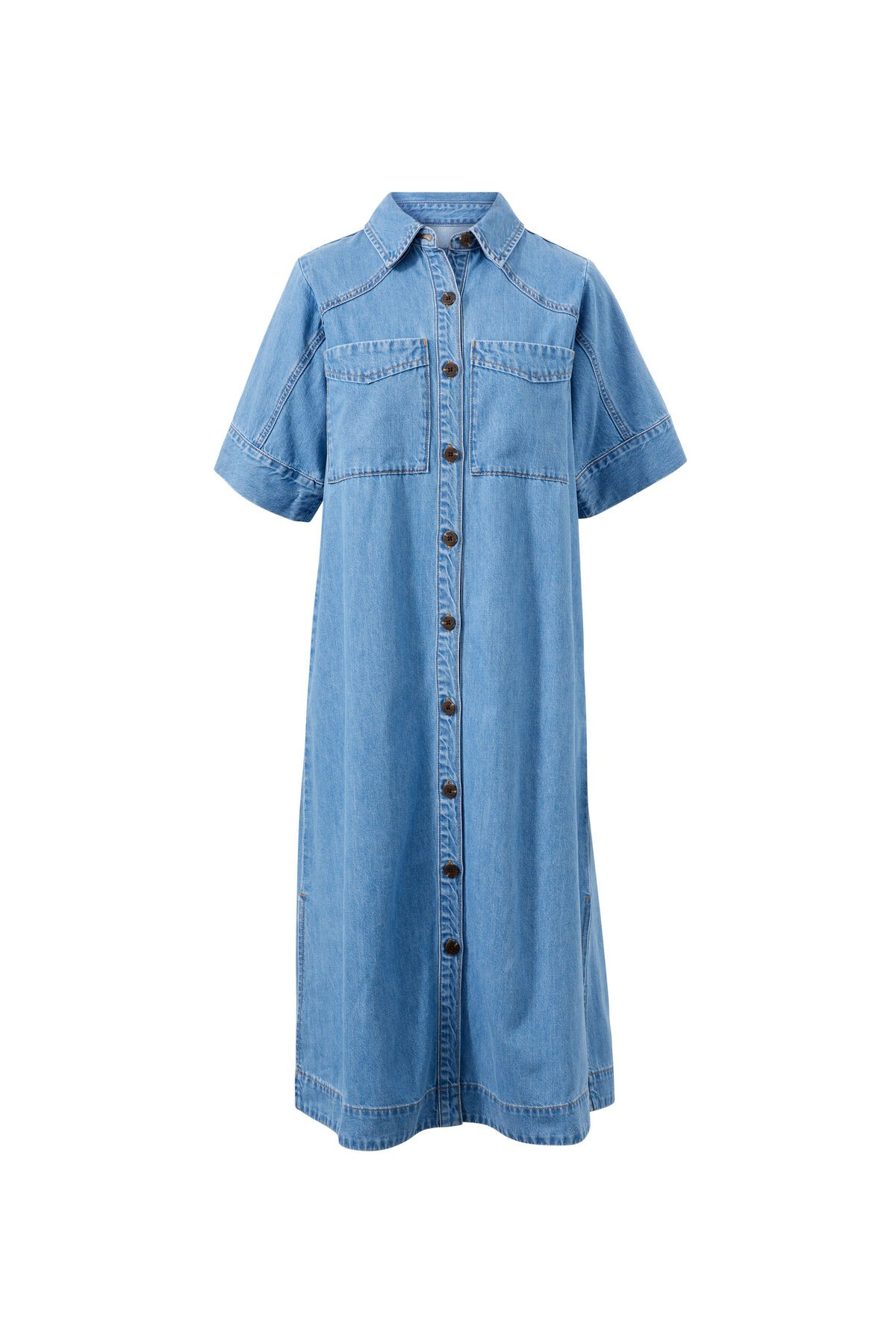 Ceres Life Short Sleeve Yoke Detail Midi Dress Vintage Blue