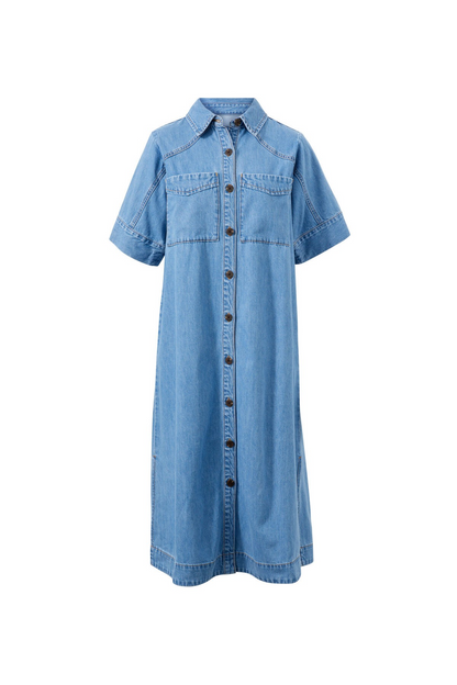Ceres Life Short Sleeve Yoke Detail Midi Dress Vintage Blue