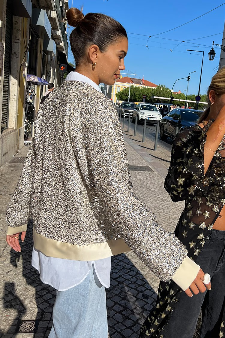 Never Fully Dressed Silver Sequin Bomber Jacket
