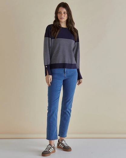 Betty Basics Collette Sweater Dark Blue and Cream Stripe