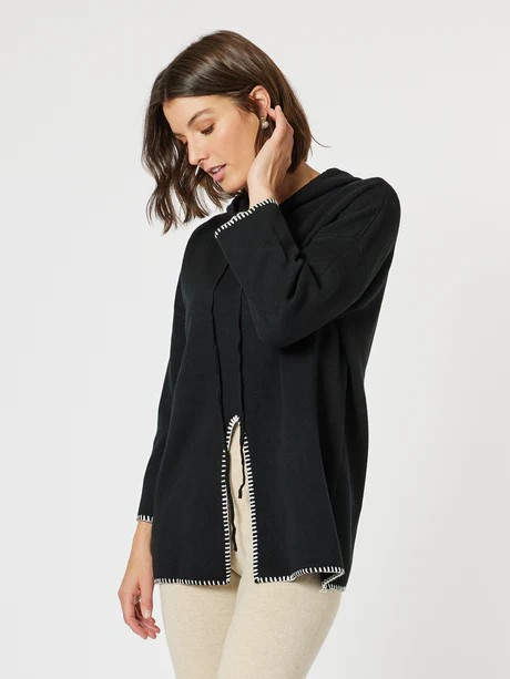 Threadz Cosy Hooded Split Front Knit Black