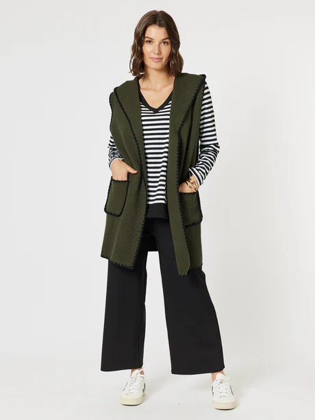 Threadz Cosy Contrast Detail Hooded Vest - Khaki