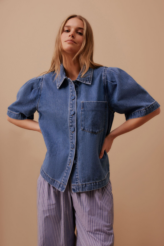 Ceres Life Dylan Pleat Sleeve Denim Shirt - Fresh Indigo