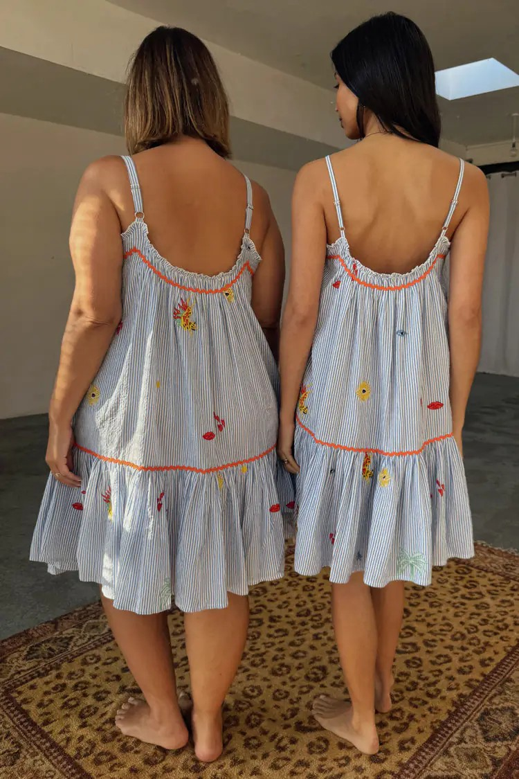 Never Fully Dressed Blue Embroidered Stripe Slip Dress
