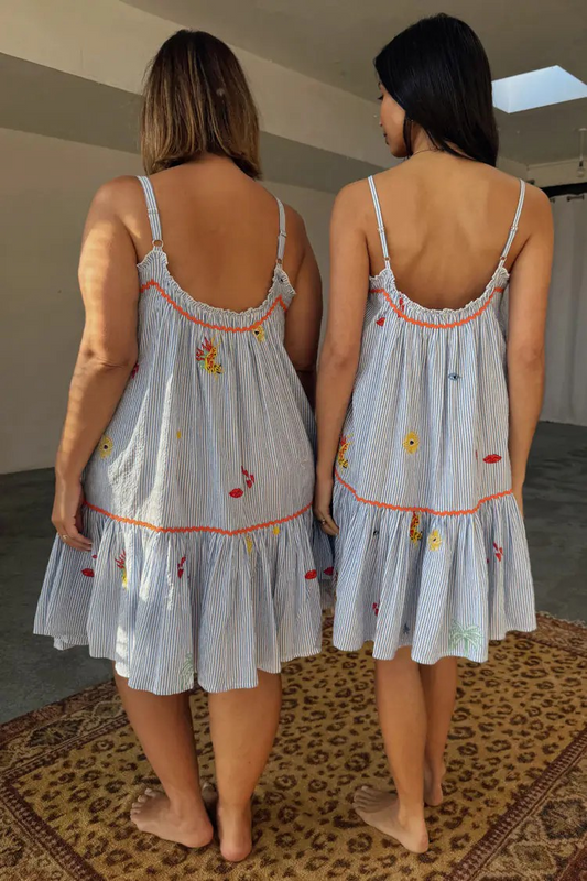 Never Fully Dressed Blue Embroidered Stripe Slip Dress