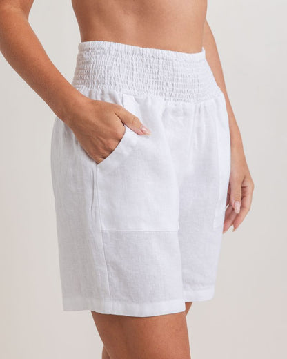 See Saw Linen Shirred Waist Short White