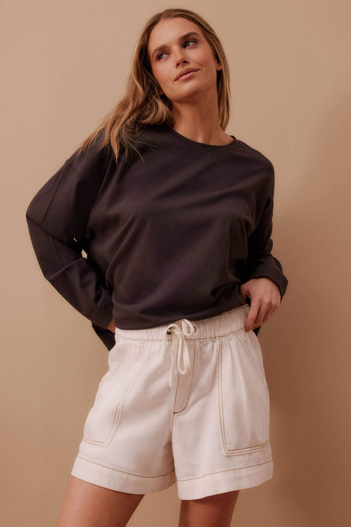 Ceres Life Darcy Relaxed Everyday Shorts - Ecru Twill