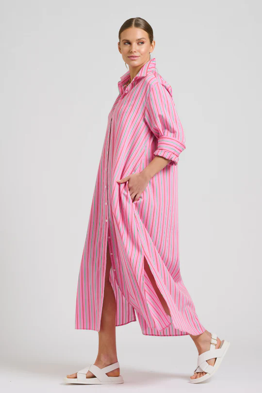 Shirty The Luna Oversized Linen Long Shirtdress Chambray Pink Combo Stripe