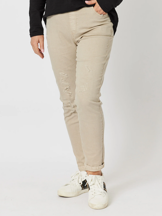 THREADZ Pull on Ripped Jeans - Natural