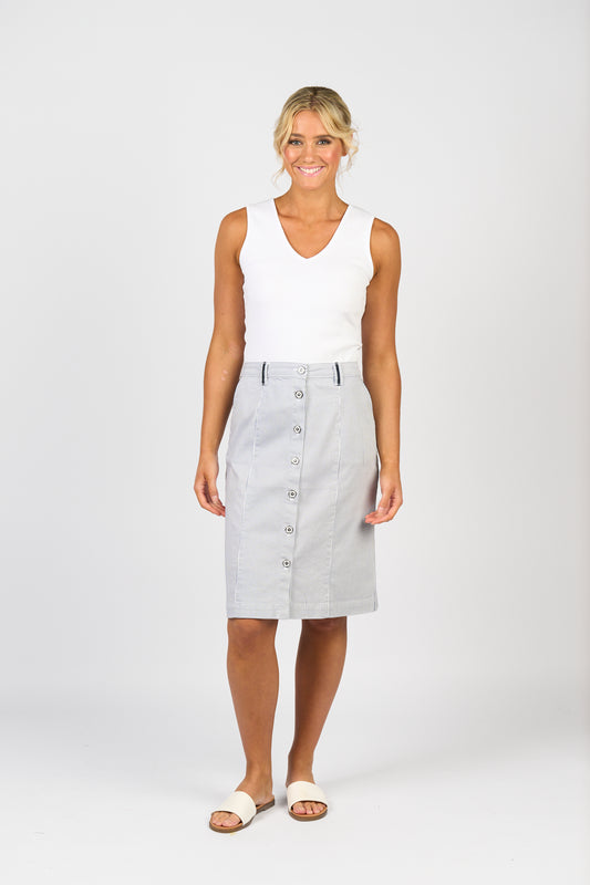 Vassalli Knee Length Skirt with Contrast Buttons - Ink/White Stripe