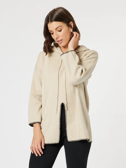 Threadz Cosy Hooded Split Front Knit Natural