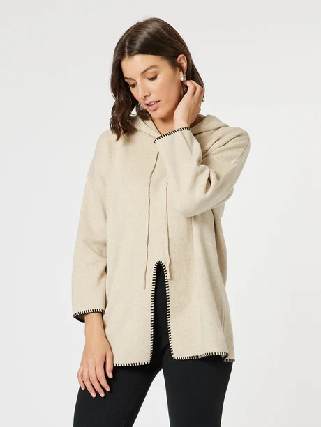 Threadz Cosy Hooded Split Front Knit Natural