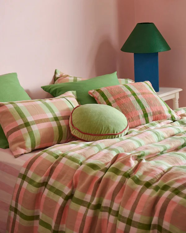 Kip and Co Pistachio Tartan Woven Pea Cushion