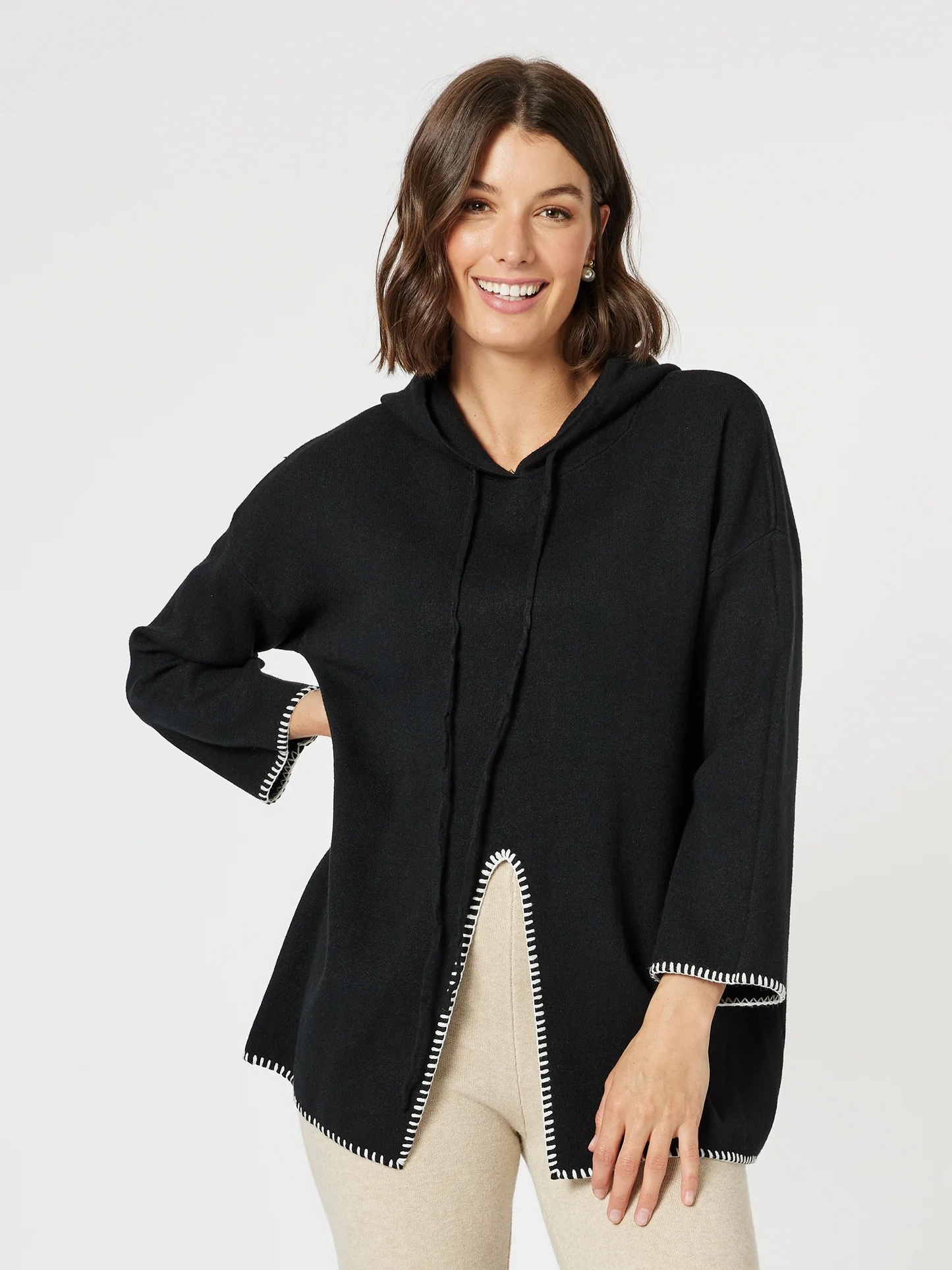Threadz Cosy Hooded Split Front Knit Black