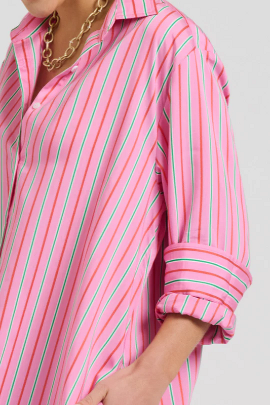 Shirty The Luna Oversized Linen Long Shirtdress Chambray Pink Combo Stripe