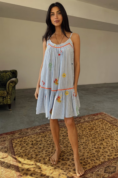Never Fully Dressed Blue Embroidered Stripe Slip Dress