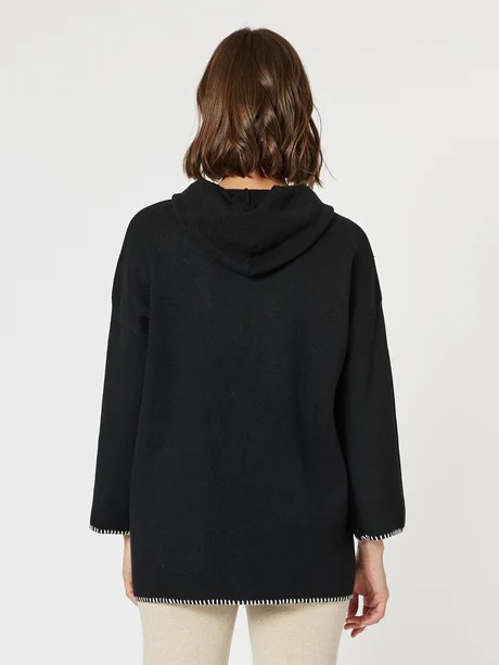 Threadz Cosy Hooded Split Front Knit Black