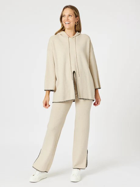 Threadz Cosy Hooded Split Front Knit Natural