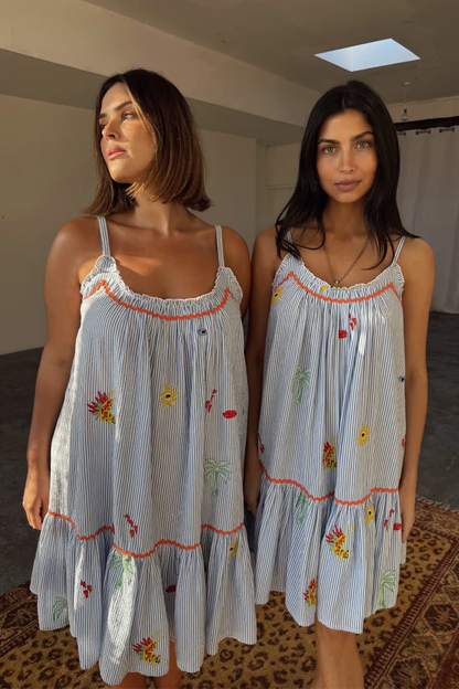 Never Fully Dressed Blue Embroidered Stripe Slip Dress